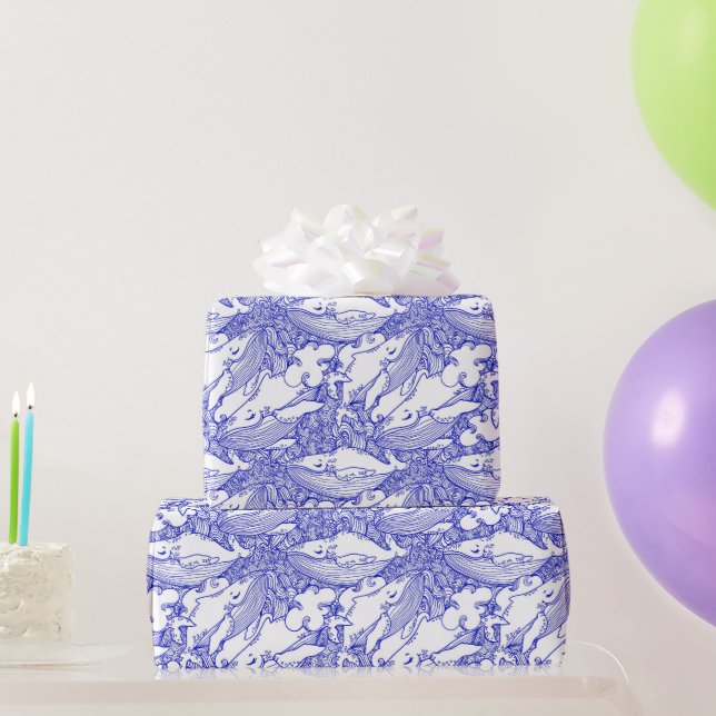 Papel De Regalo Ballena jorobada azul y blanca (Regalos de fiesta)