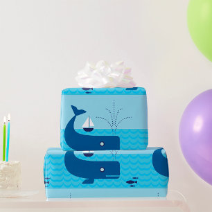 Papel De Regalo Ballena náutica y barco de vela Mar azul océano