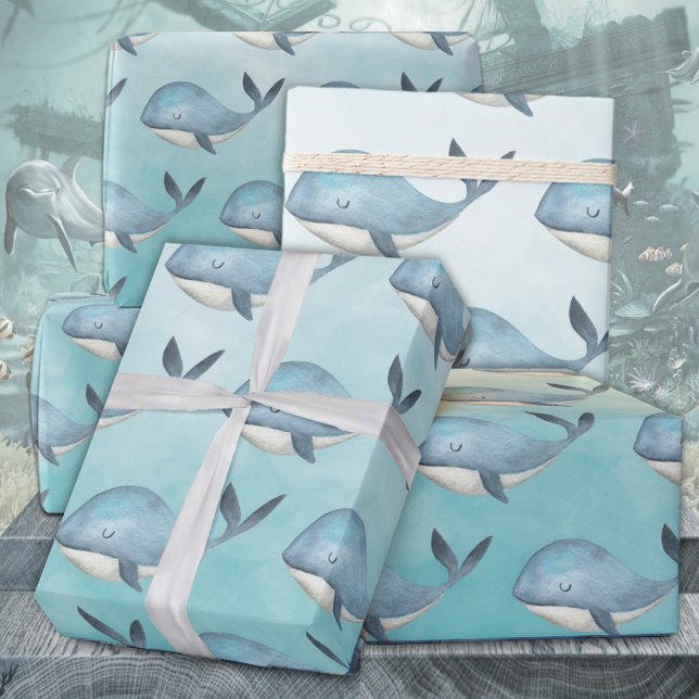 Papel De Regalo Ballenas azules bajo el Mar Azul del Caribe (Baby Blue Whales Under The Deep Blue Sea Kids Gift Wrapping Paper Rolls)