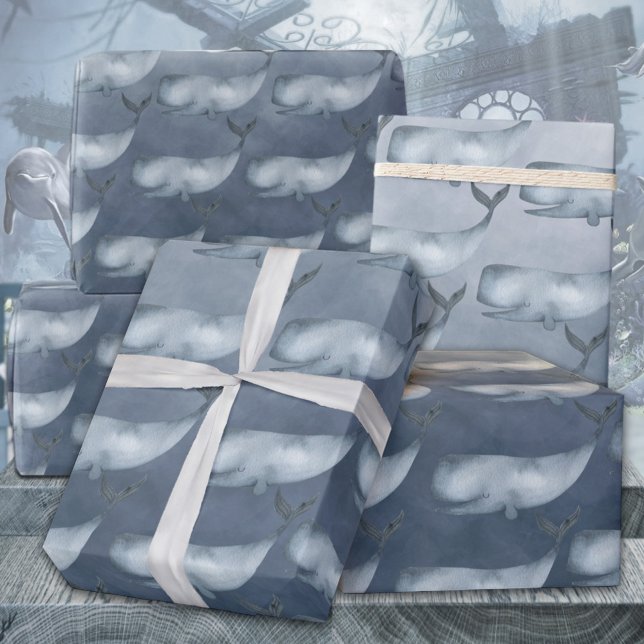 Papel De Regalo Ballenas Azules Bajo La Profunda Acuarela Del Océa (Blue Whales Under The Deep Blue Ocean Watercolor Kids & Adults Gift Wrapping Paper Rolls)