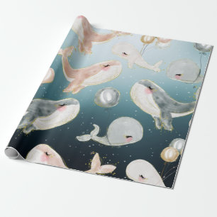 Papel De Regalo Ballenas Cute Acuarela En El Mar Azul
