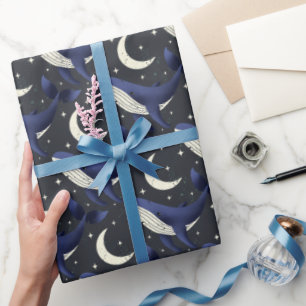 Papel De Regalo Ballenas en las estrellas con la luna en azul oscu