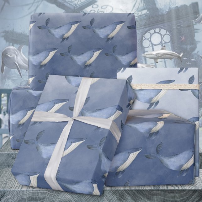 Papel De Regalo Ballenas jorobadas bajo el profundo mar azul envol (Baby Blue Humpback Whales Under The Deep Blue Sea Kids & Adults Gift Wrapping Paper Rolls)