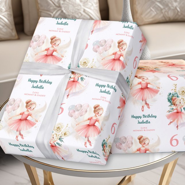 Papel De Regalo Ballerina Blond Chica Birthday Pink Custom Name (Ballerina Blond Girl Birthday Pink Custom Name Wrapping Paper)