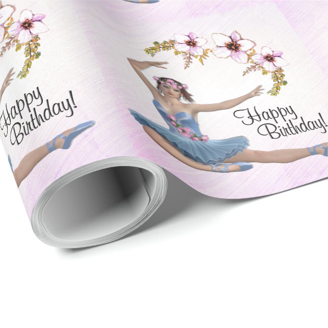 Papel De Regalo Ballerina en azul en cumpleaños personalizado rosa (Esquina del rollo)