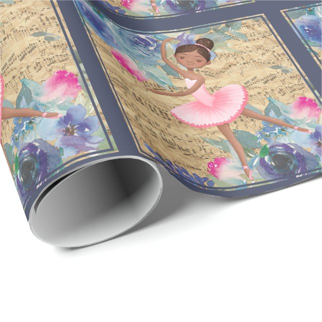 Papel De Regalo Ballet Hoja Floral Música Ballerina Tutu Rosa (Esquina del rollo)