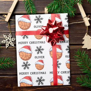 Papel De Regalo Baloncesto con el nombre rojo de Santa Hat Snowfla