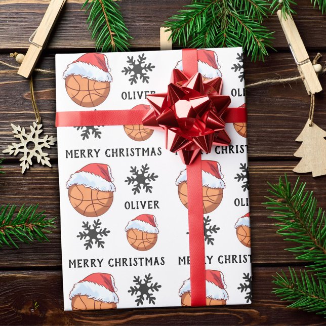 Papel De Regalo Baloncesto con el nombre rojo de Santa Hat Snowfla (Subido por el creador)