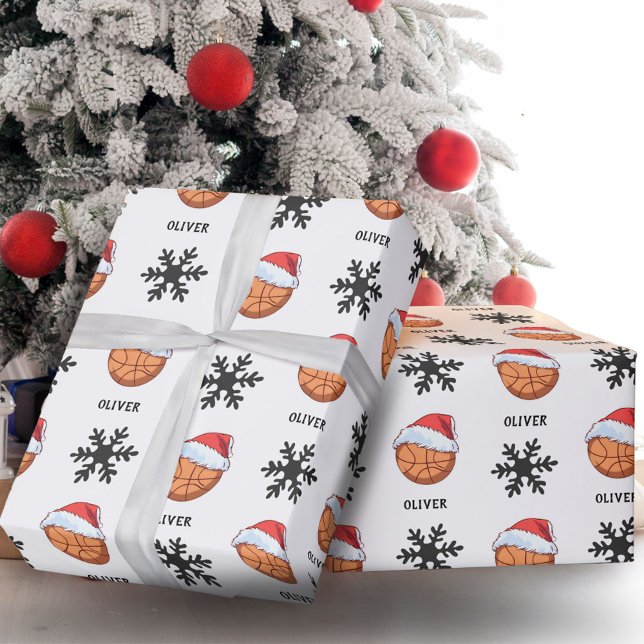 Papel De Regalo Baloncesto con el nombre rojo de Santa Hat Snowfla (Subido por el creador)