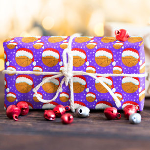 Papel De Regalo Baloncesto con sombrero de Santa y copos de nieve 