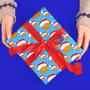 Papel De Regalo Baloncesto con sombrero de Santa y copos de nieve