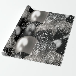 Papel De Regalo Balones Cumpleaños Fiesta Purpurina de Plata Negra