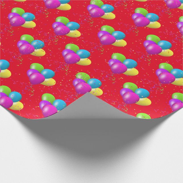 Papel De Regalo Balones de cumpleaños con confetti en rojo (Esquina)