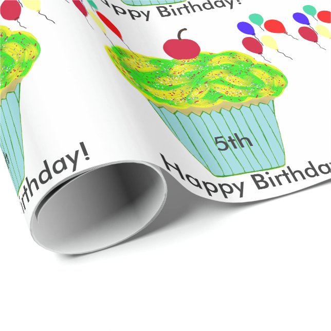 Papel De Regalo Balones de cumpleaños torta verde amarilla (Esquina del rollo)