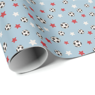 Papel De Regalo Balones de Fútbol de Navidad Rojo Azul Estrellas