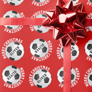 Papel De Regalo Balones de Fútbol para Niños Nombre Rojo Navidad