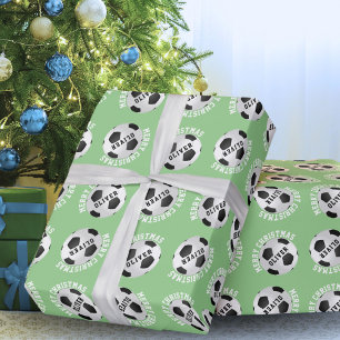 Papel De Regalo Balones de fútbol para niños nombre verde Navidad 