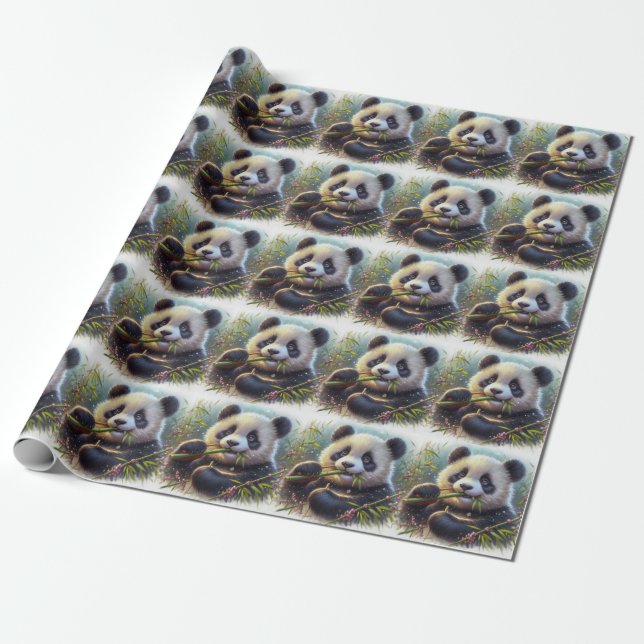 Papel De Regalo Bambú de oso panda adorable (Desenrollado)