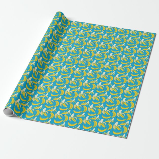 Papel De Regalo Bananas amarillas, patrón de fondo azul (Desenrollado)