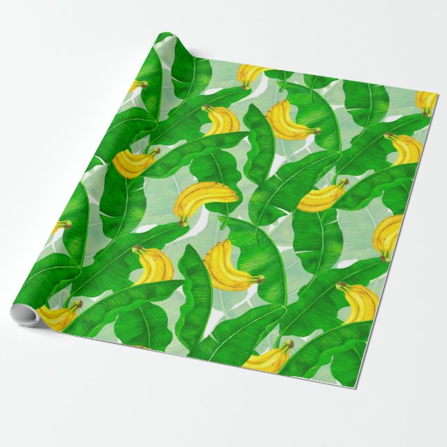 Papel De Regalo Bananas y hojas diseño de acuarela (Desenrollado)