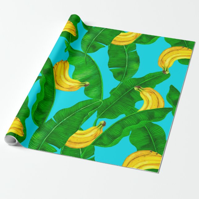 Papel De Regalo Bananas y hojas diseño de acuarela (Desenrollado)