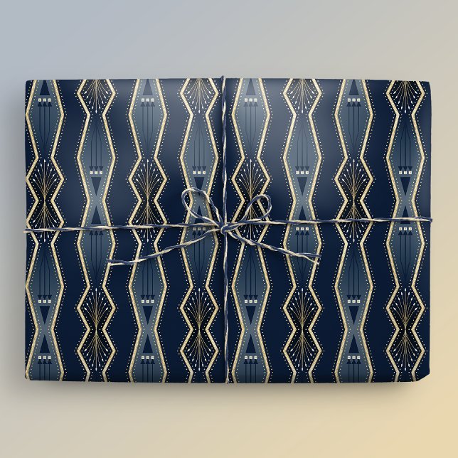 Papel De Regalo Banda azul y dorada elegante Art Deco (Gift mockup)