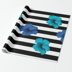 Papel De Regalo Bandas blancas negras del hibiscus azul moderno