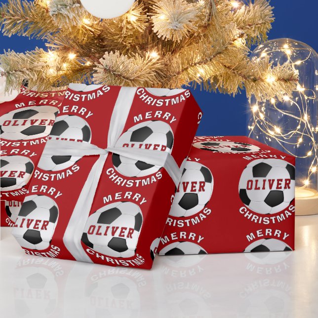 Papel De Regalo Bandas de fútbol rojas niños nombran Navidades (Vacaciones)