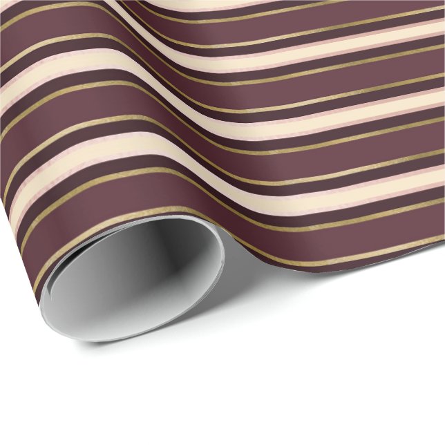 Papel De Regalo Bandas de marfil de oro de borgoña líneas elegante (Esquina del rollo)