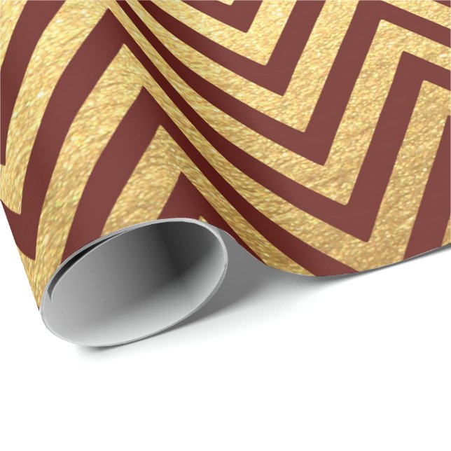 Papel De Regalo Bandas de oro Rojo Borgoña Líneas Zig Zag Chevron (Esquina del rollo)