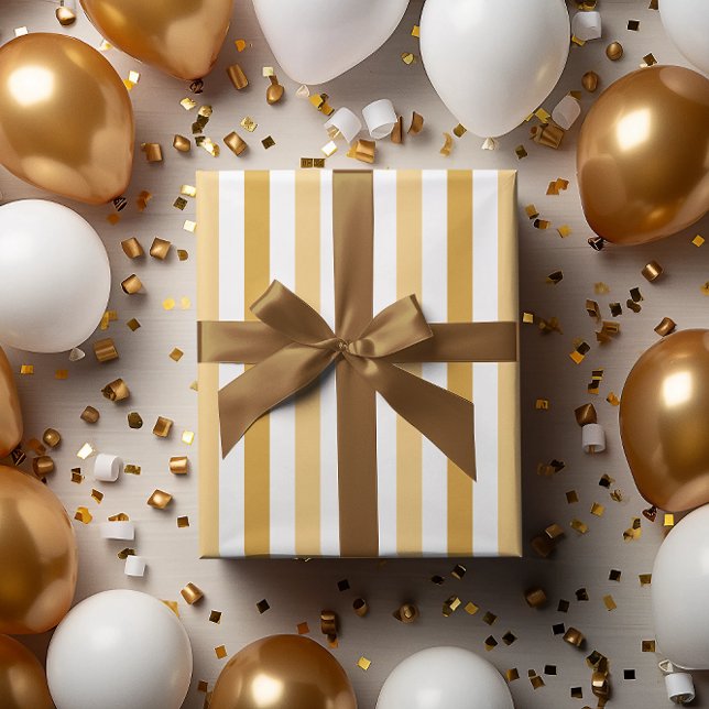 Papel De Regalo Bandas doradas y blancas Feliz Año Nuevo (Gold and white stripes Happy New Year Wrapping Paper)