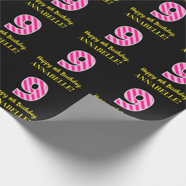 Papel De Regalo Bandas rosadas divertidas "9"; Feliz noveno cumple (Esquina)