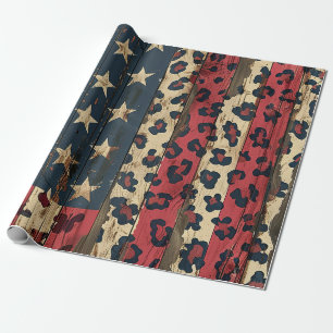 Papel De Regalo Bandera Americana Rústica Estampado de Leopardo (1