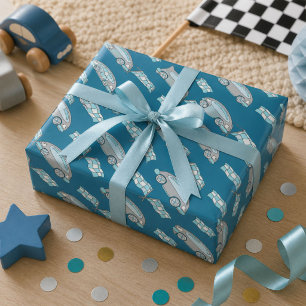 Papel De Regalo Bandera de Coche de Carreras Azul Patrón para Niño
