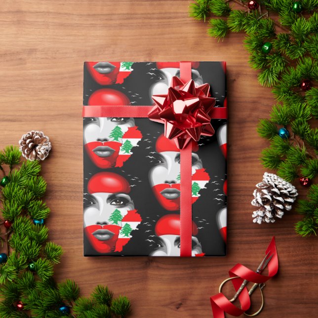 Papel De Regalo Bandera del Líbano y mapa de la cara de los chicas (Regalo de vacaciones)