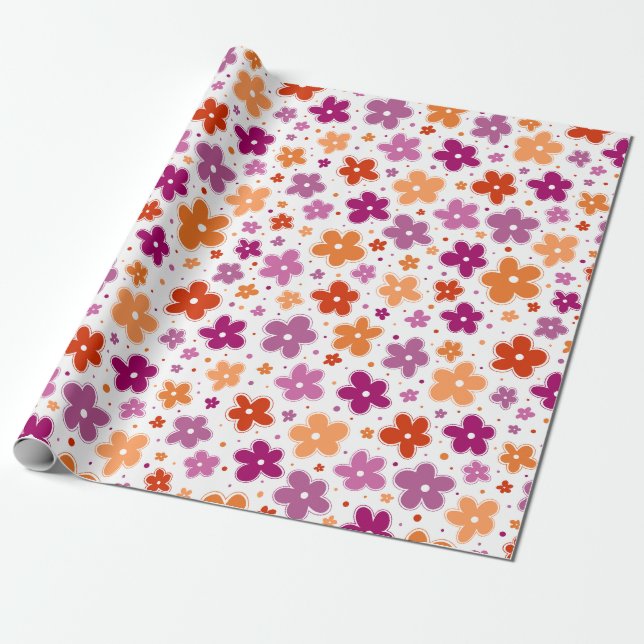 Papel De Regalo Bandera del Orgullo Lesbiano Flores Doodle Naranja (Desenrollado)