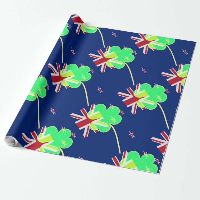 Papel De Regalo Bandera irlandesa de Nueva Zelanda Shamrock Clover (Desenrollado)