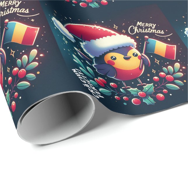 Papel De Regalo Bandera rumana de Cute Santa Robins (Esquina del rollo)