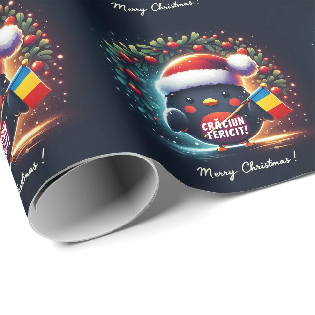 Papel De Regalo Bandera rumana de Cute Santa Robins (Esquina del rollo)