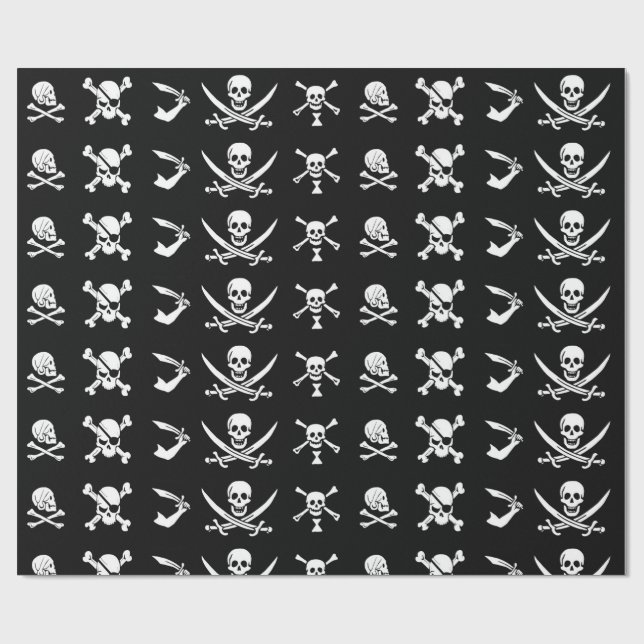 PAPEL DE REGALO BANDERAS DE PIRATAS NEGRAS, HUESOS CRUZADOS, ESPAL (Superficie plana)