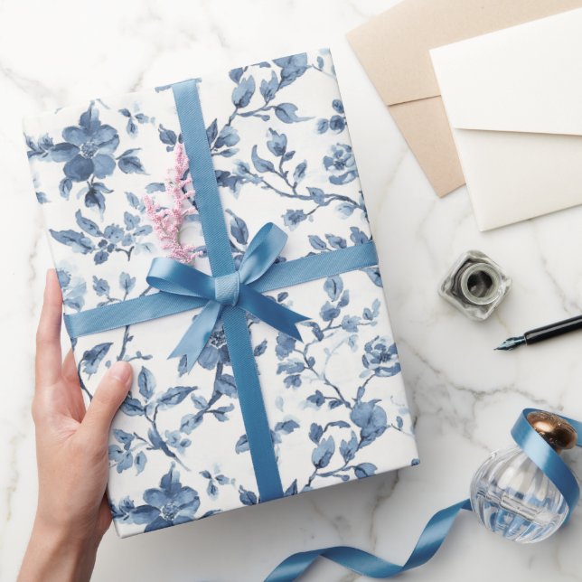 Papel De Regalo Baño Nupcial Floral Blanco Azul (Regalar)
