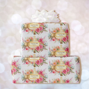 Papel De Regalo Baptismo Añadir nombre - Cruz con spray de flores