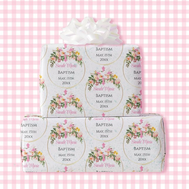 Papel De Regalo Baptismo Nombre Fecha Spray Floral Rosa (Subido por el creador)