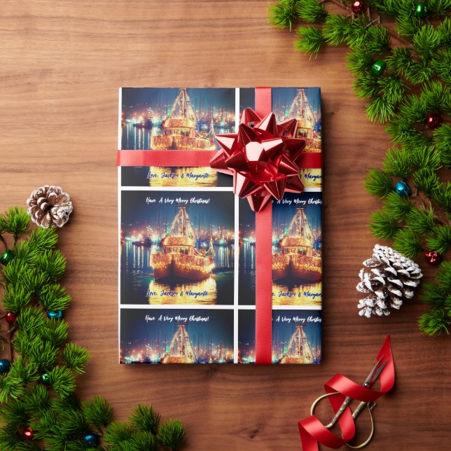 Papel De Regalo Barco de Navidad con Luces Doradas (Regalo de vacaciones)