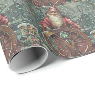 Papel De Regalo Barco de Santa Navideño Tormenta de Nieve Náutico