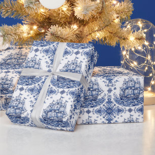 Papel De Regalo Barco Mercante Estilo Delft Azul Blanco