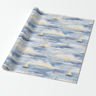 Papel De Regalo Barcos de Vela Soñadores Patrón de Acuarela Oceáni