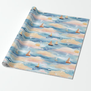 Papel De Regalo Barcos de Vela Soñadores Patrón de Acuarela Oceáni