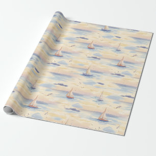 Papel De Regalo Barcos de Vela Soñadores Patrón de Acuarela Oceáni