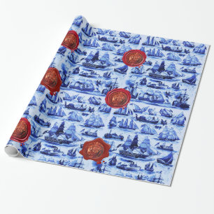 Papel De Regalo BARCOS DE VINTAJE AZUL,VASOS DE VELA Sellado de Ce